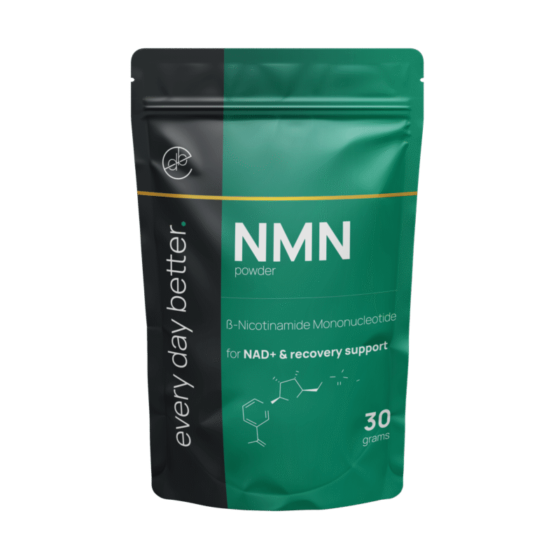 Een zwart-groen zakje van "Every Day Betterยฎ NMN poeder" met daaronder de tekst ">99.5% puur | Ondersteunt cellulaire energie (NAD+), anti-aging en versnellt herstel". Op de zijkant staat "every day better" en het zakje weegt 30 gram.