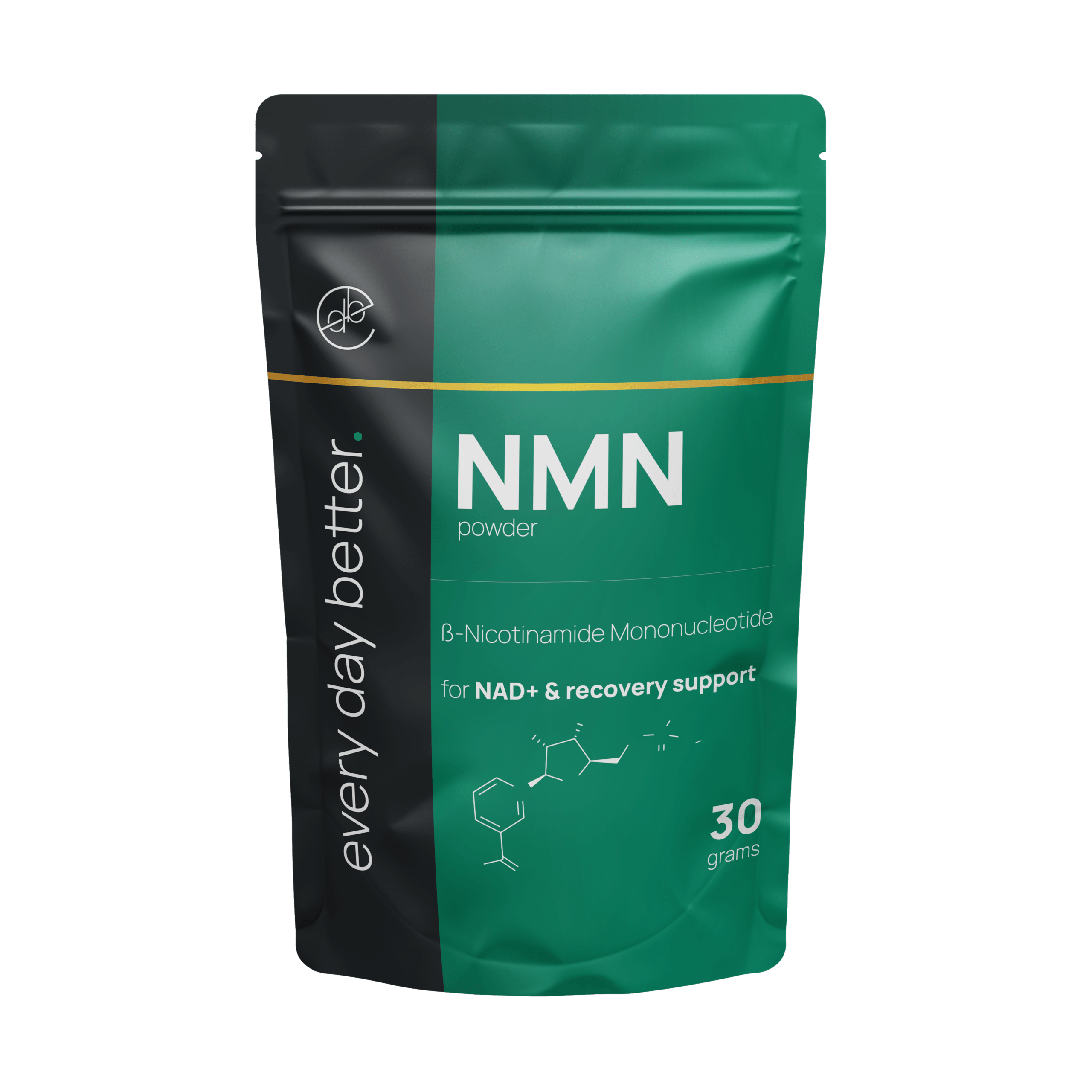 Een zwart-groen zakje van "Every Day Better® NMN poeder" met daaronder de tekst ">99.5% puur | Ondersteunt cellulaire energie (NAD+), anti-aging en versnellt herstel". Op de zijkant staat "every day better" en het zakje weegt 30 gram.