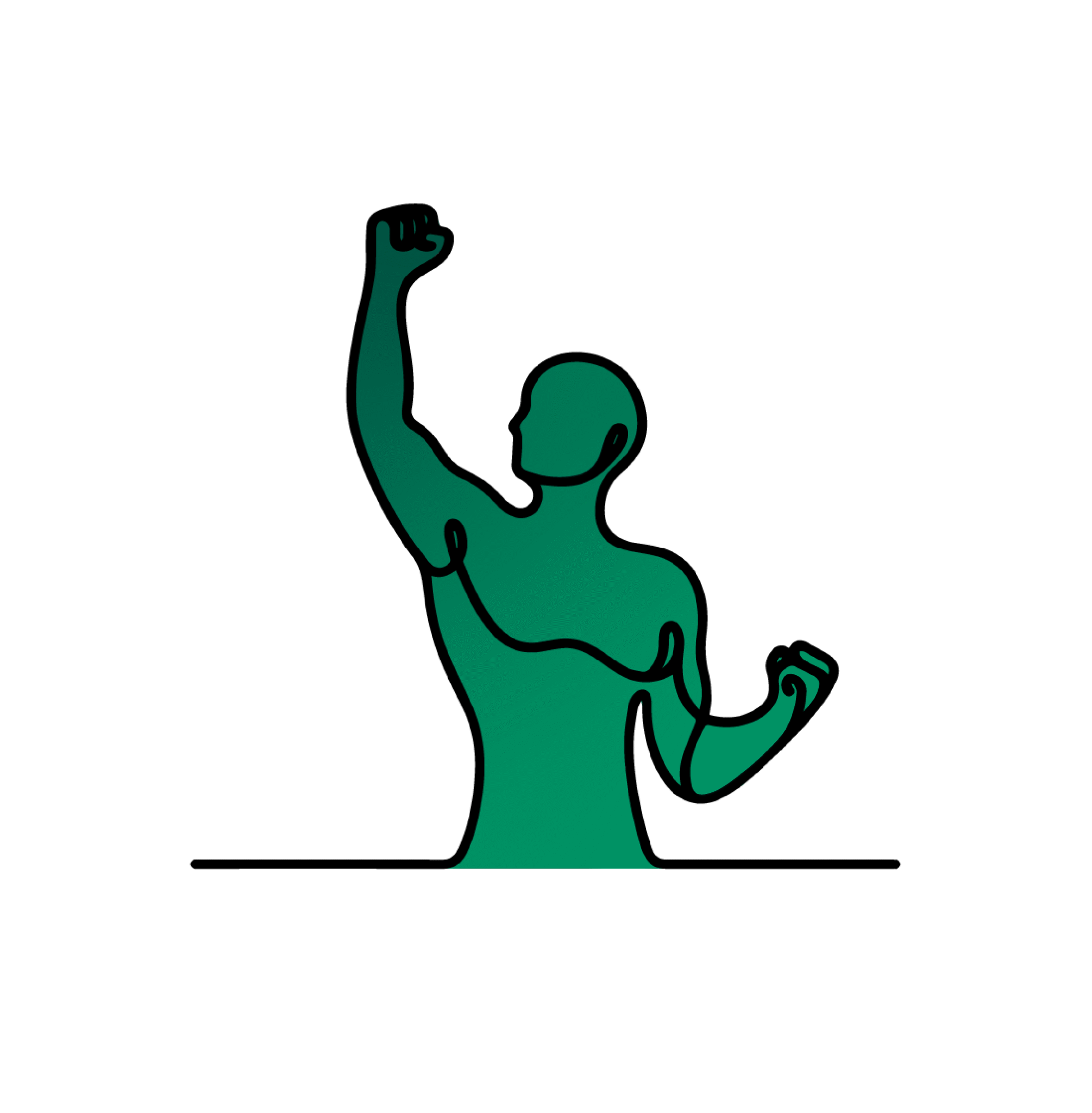 A green minimalist silhouette of a person with a raised arm, intricately intertwined with an NMN-like serpentine line that loops around the body. The background is black, creating a stark contrast.