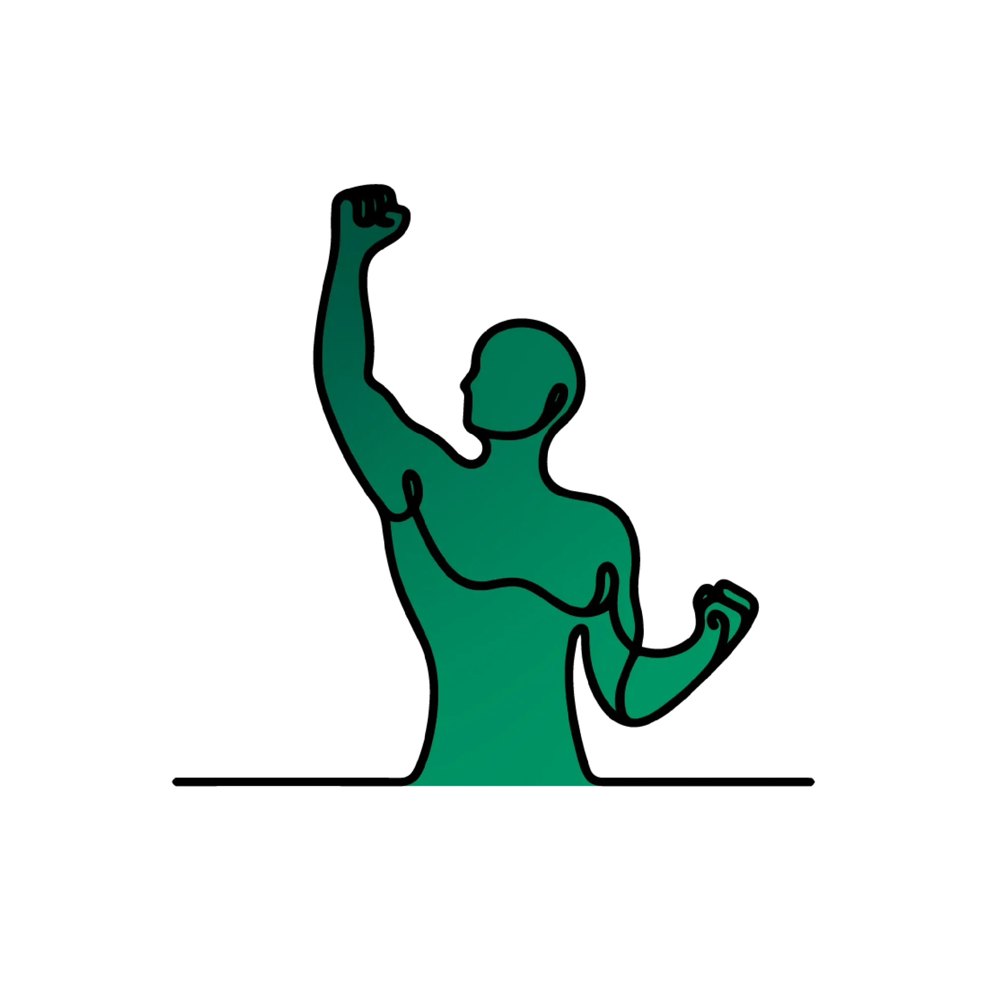 Groen silhouet van een gespierd persoon die met één arm omhoog en de andere arm gebogen buigt. Een gebogen lijn loopt van de opgeheven hand naar de gebogen hand, wat beweging of energie symboliseert, wat doet denken aan feestelijke dynamiek tegen een zwarte achtergrond.