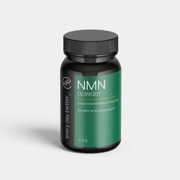 pure NMN powder 15g with confidence. A black bottle with a green label with "NMN powder" in large white text. Below that is "B-Nicotinamide Mononucleotide for NAD+ & recovery support". The bottle stands on a white background, with "every day better" on the side of the label. You can buy NMN here.