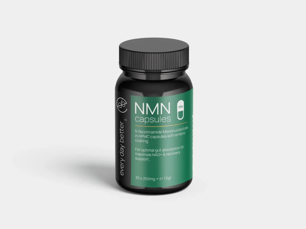 Koop NMN capsules 30x250mg met >99.5% zuiver NMN. Verhoog NAD+, stimuleer energie, celherstel en vertraag veroudering. Vegan & snel geleverd.