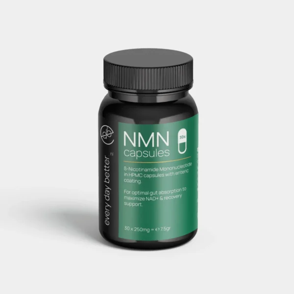 Buy NMN capsules 30x250mg with >99.5% pure NMN. Increase NAD+, boost energy, cell repair and slow aging. Vegan & fast delivery.