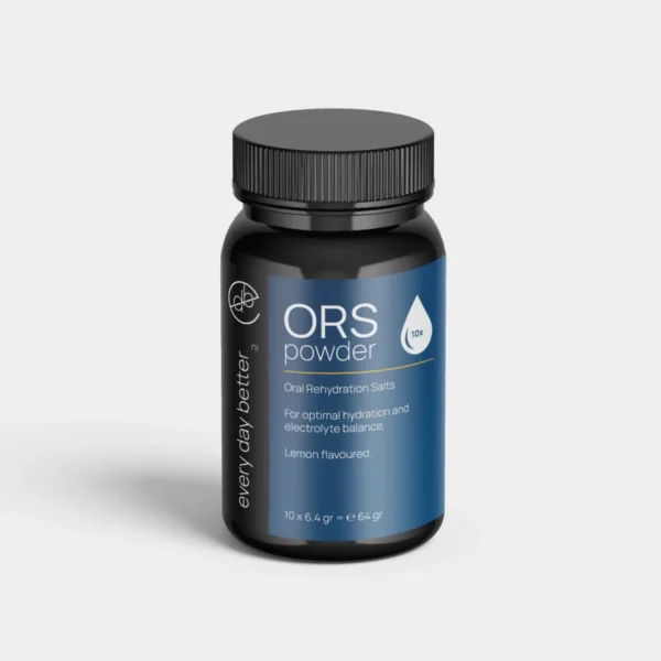 Mockup of Every Day Better ORS Hydration Drink mix with lemon flavor in a glass and package - ideal for athletes and daily rehydration