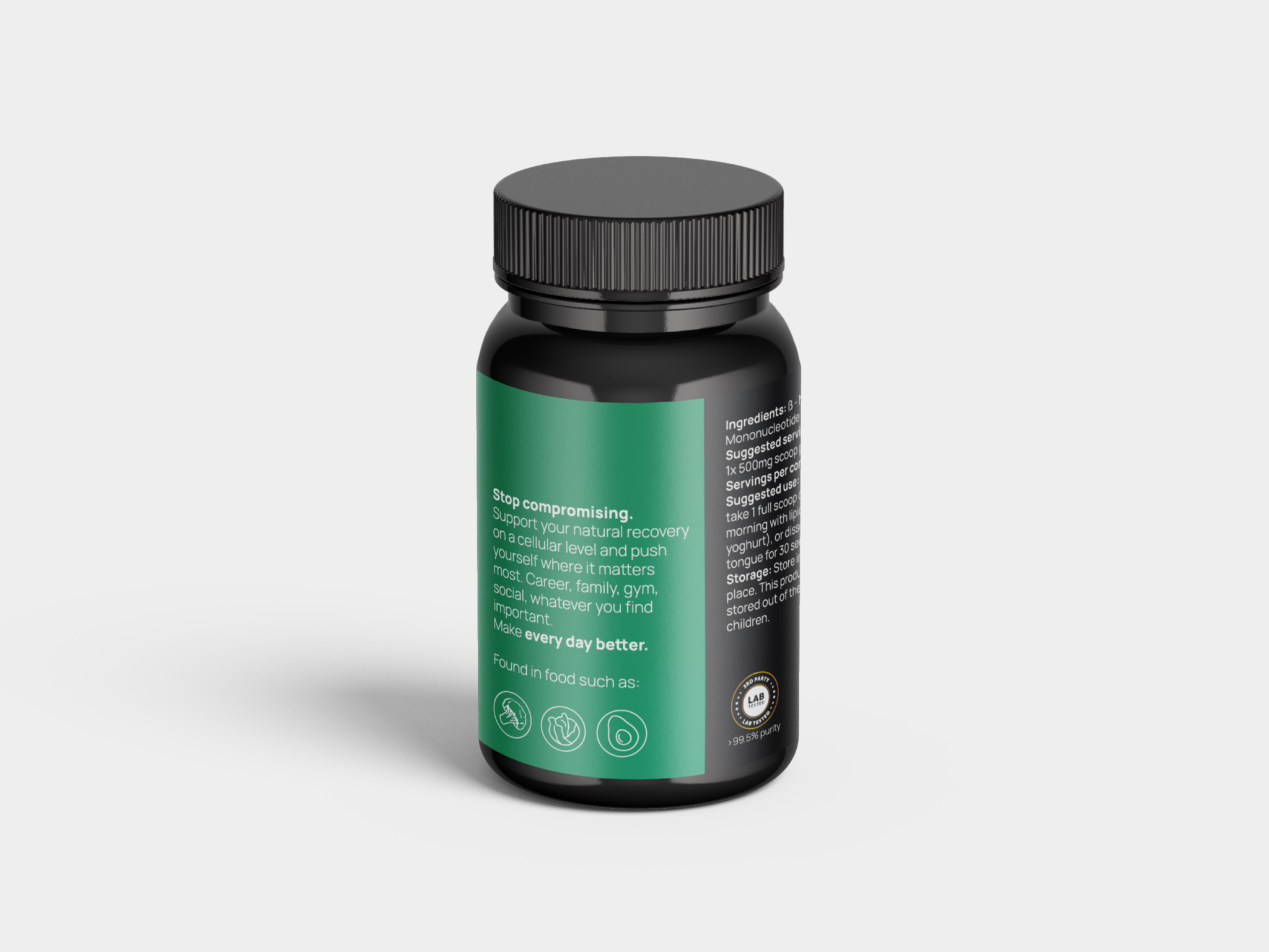 NMN Poeder 15g β puur NMN poeder Mockup van de verpakking van Every Day Better NMN Poeder 15 gr - Anti-aging en energie supplement