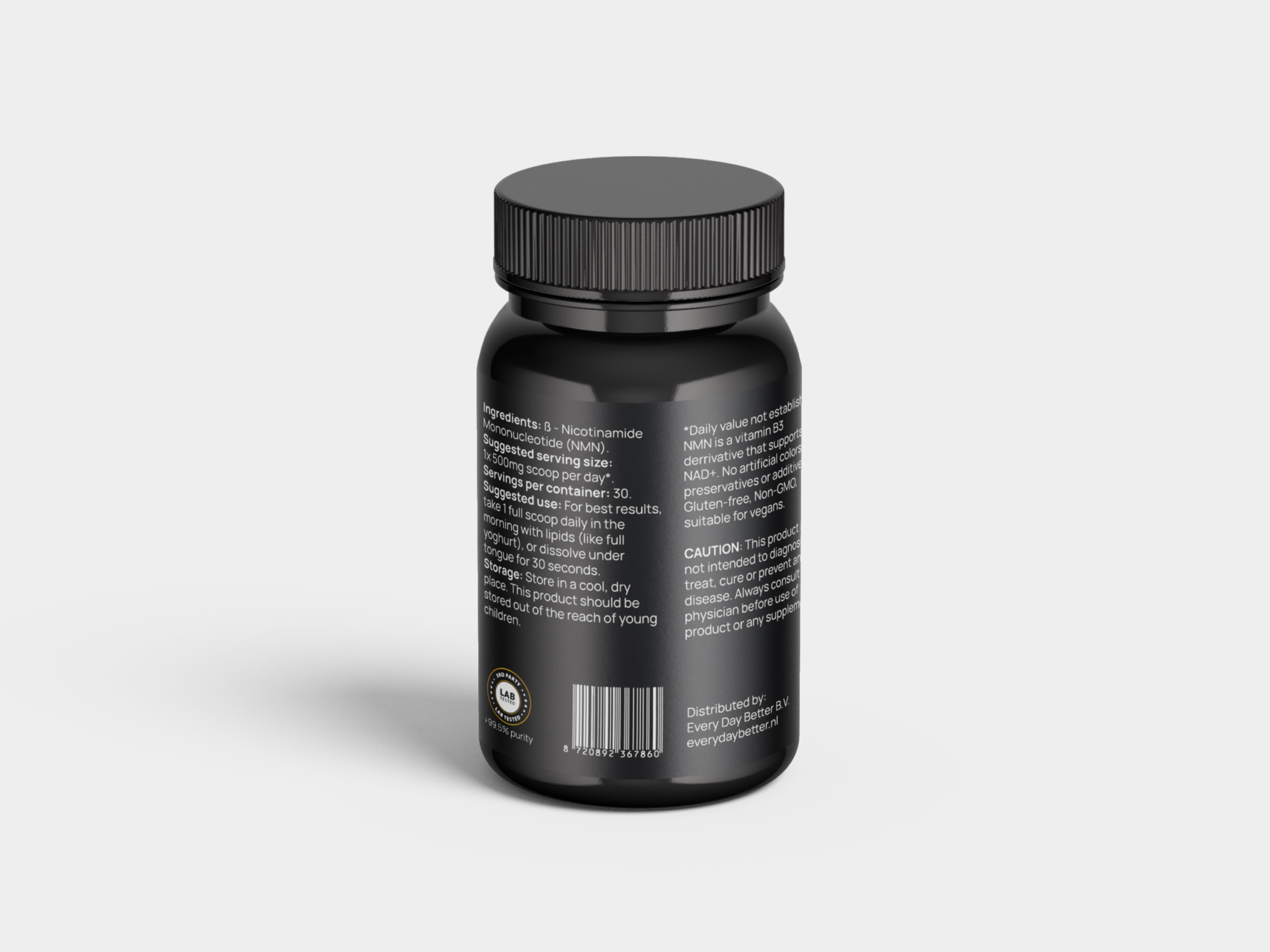 NMN Poeder 15g β puur NMN poeder Mockup van de Every Day Better NMN Poeder supplement verpakking, anti-verouderings- en energiebooster