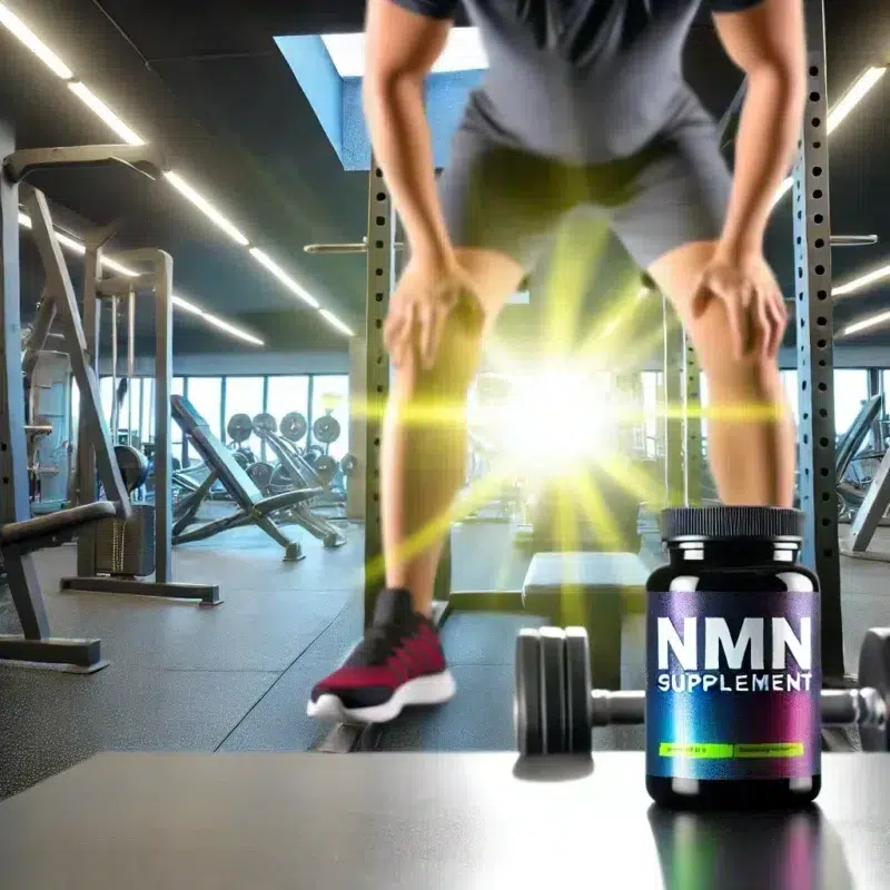 Een fitnessliefhebber neemt een NMN-supplement in een moderne, goed uitgeruste sportschool. De persoon bereidt zich voor op een workout, met een fles NMN op de tafel naast zich. De sportschool op de achtergrond is uitgerust met high-end fitnessapparatuur zoals dumbbells, een loopband en een squatrek, met helder en energiek licht dat symbool staat voor de energieboost en het herstel dat NMN biedt.