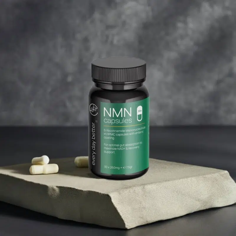 NMN supplement kopen met infographic die laat zien hoe NMN in het lichaam wordt omgezet naar NAD+ voor celvernieuwing
