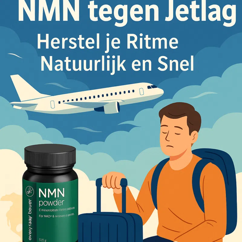 NMN supplement van EveryDayBetter.nl als natuurlijke oplossing tegen jetlag met illustratie van reiziger en vliegtuig