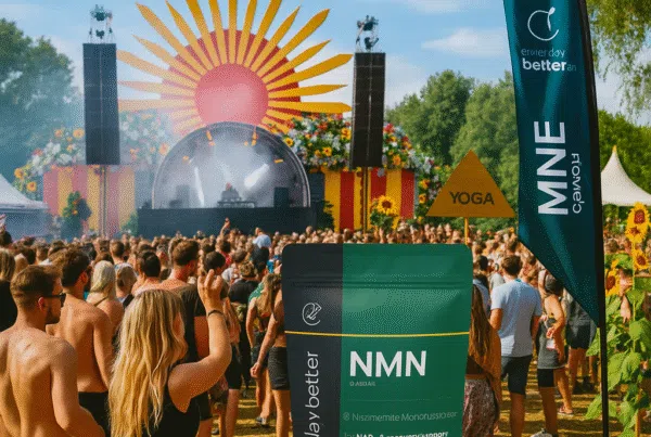 Op een zonovergoten Nederlands festival staat een grote zak EveryDayBetter NMN-poeder prominent afgebeeld voor een bruisend podium met dansend publiek, bloemen en een wellnesshoek met yoga.