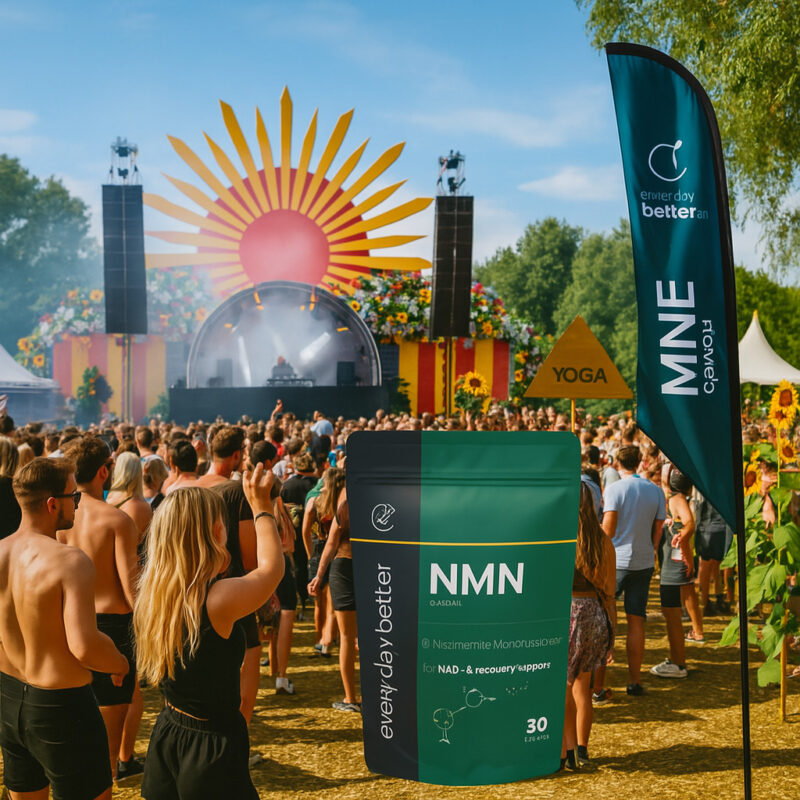 NMN en festivals: op een zonovergoten Nederlands festival staat een grote zak EveryDayBetter NMN-poeder prominent afgebeeld voor een bruisend podium met dansend publiek, bloemen en een wellnesshoek met yoga.