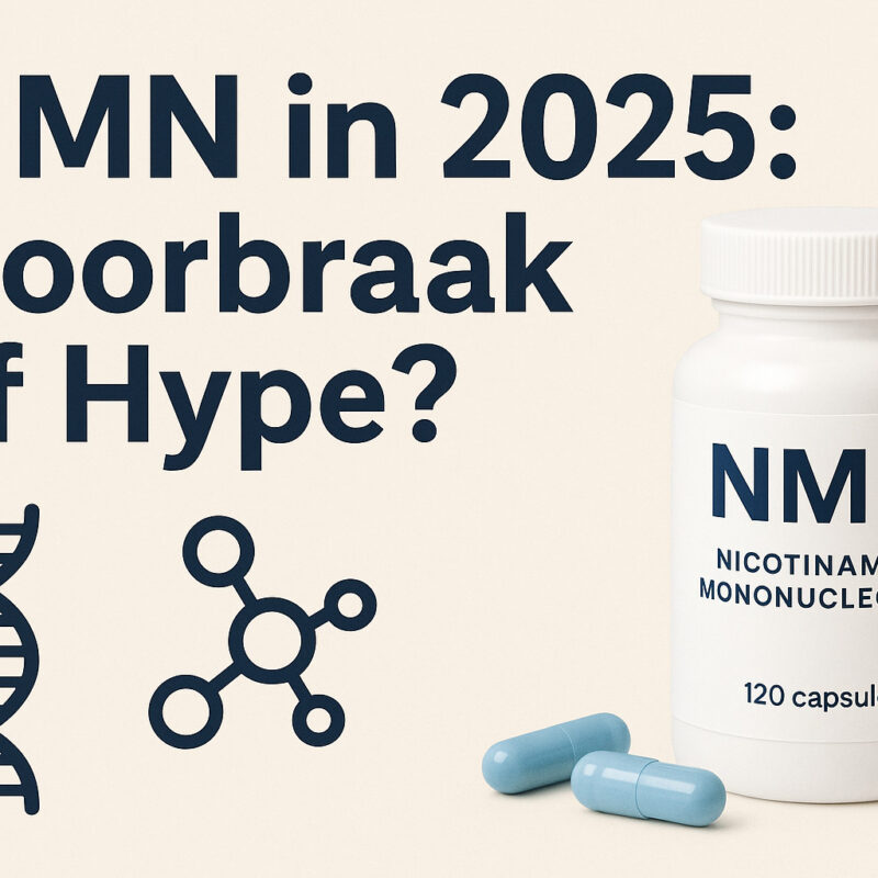 Infographic met de titel 'NMN in 2025: Doorbraak of Hype?'. Links staan twee wetenschappelijke pictogrammen: een DNA-streng en een molecuulstructuur. Rechts staat een witte pot met NMN-capsules, gelabeld 'Nicotinamide Mononucleotide – 120 capsules', met daarnaast twee lichtblauwe capsules. De achtergrond is lichtbeige en de tekst is in donkerblauw.