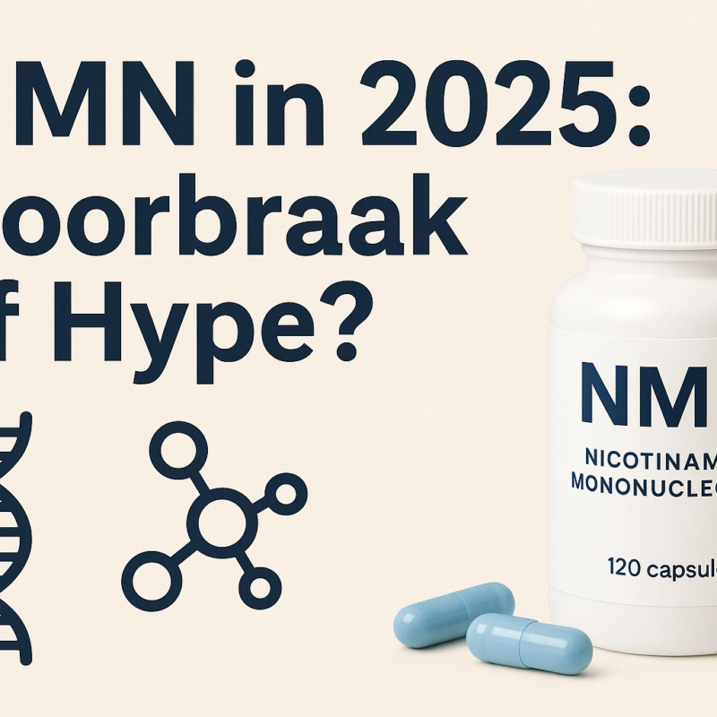 Infographic met de titel 'NMN in 2025: Doorbraak of Hype?'. Links staan twee wetenschappelijke pictogrammen: een DNA-streng en een molecuulstructuur. Rechts staat een witte pot met NMN-capsules, gelabeld 'Nicotinamide Mononucleotide – 120 capsules', met daarnaast twee lichtblauwe capsules. De achtergrond is lichtbeige en de tekst is in donkerblauw.