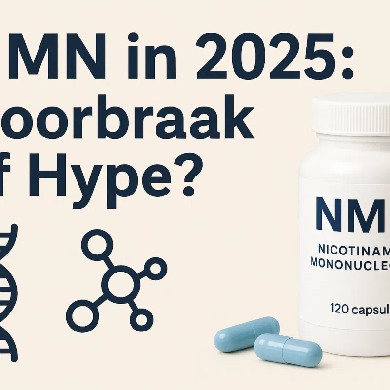 Infographic met de titel 'NMN in 2025: Doorbraak of Hype?'. Links staan twee wetenschappelijke pictogrammen: een DNA-streng en een molecuulstructuur. Rechts staat een witte pot met NMN-capsules, gelabeld 'Nicotinamide Mononucleotide – 120 capsules', met daarnaast twee lichtblauwe capsules. De achtergrond is lichtbeige en de tekst is in donkerblauw.