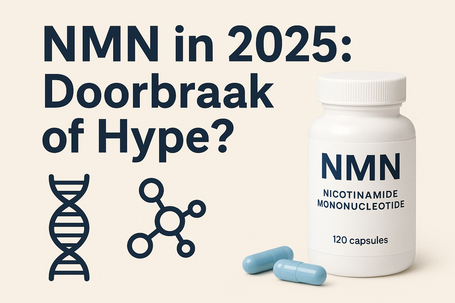 Infographic titled 'NMN in 2025: Breakthrough or Hype?'. On the left are two scientific icons: a DNA strand and a molecular structure. On the right is a white jar of NMN capsules, labeled 'Nicotinamide Mononucleotide – 120 capsules', with two light blue capsules next to it. The background is light beige, and the text is in dark blue.