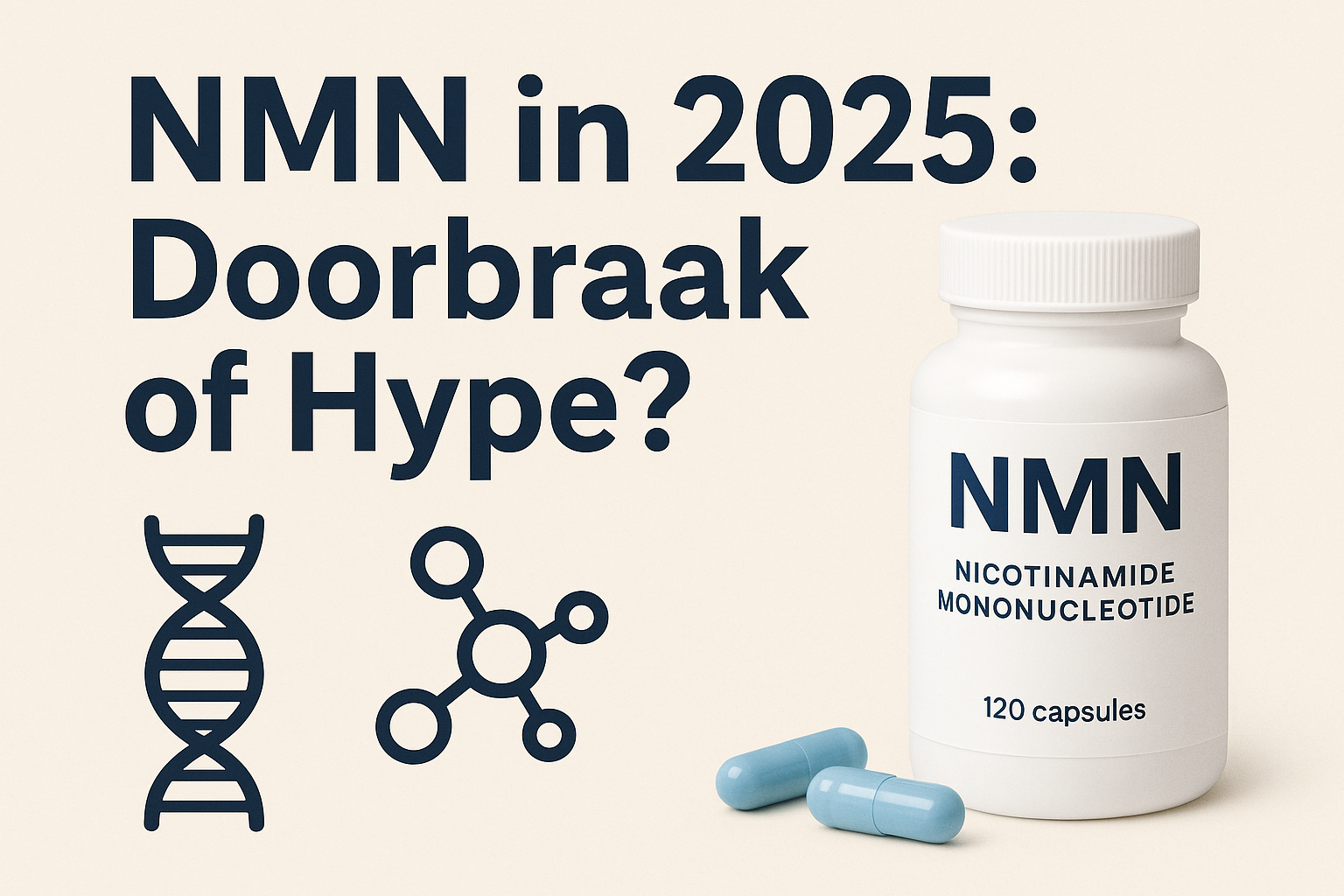 Infographic titled 'NMN in 2025: Breakthrough or Hype?'. On the left are two scientific icons: a DNA strand and a molecular structure. On the right is a white jar of NMN capsules, labeled 'Nicotinamide Mononucleotide โ 120 capsules', with two light blue capsules next to it. The background is light beige, and the text is in dark blue.