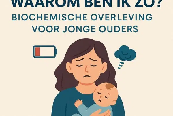 Illustratie van een vermoeide jonge moeder met baby, halflege batterij en stresswolk, als promotie voor de blogserie “Waarom ben ik zo? Biochemische overleving voor jonge ouders”.
Vragen aan ChatGPT
