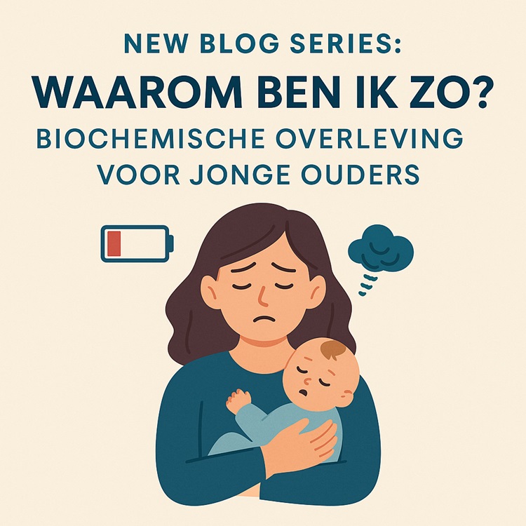 Illustratie van een vermoeide jonge moeder met baby, halflege batterij en stresswolk, als promotie voor de blogserie “Waarom ben ik zo? Biochemische overleving voor jonge ouders”. Vragen aan ChatGPT