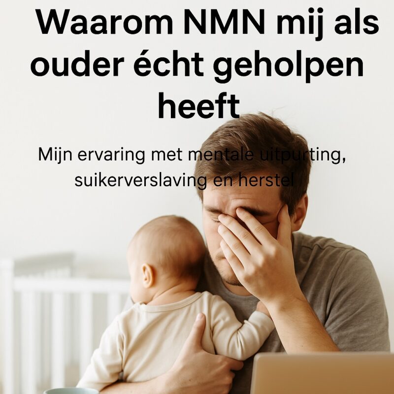 Mijn NMN ervaring. Vermoeide ouder met baby op schoot en hand tegen het gezicht, illustratief beeld bij een blog over NMN-gebruik, mentale uitputting en herstel.