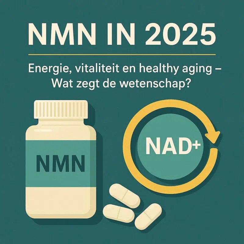 NMN supplement 2025: a bottle with capsules and NAD⁺ symbol, symbol of energy, recovery and anti-aging