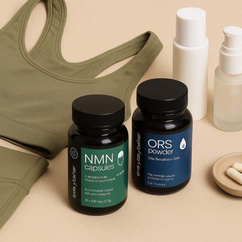 Athleisure sportset met skincare en Every Day Better NMN- en ORS-supplementen in een lifestyle compositie voor energie en wellness.