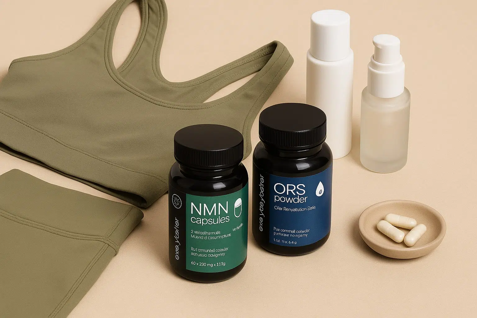 Athleisure sports kit with skincare and Every Day Better NMN and ORS supplements in a lifestyle composition for energy and wellness.