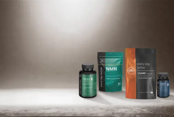 Every Day Better Longevity & vitality supplements: NMN capsules, NMN powder, GlyNAC capsules and ORS powder on a minimalist background.