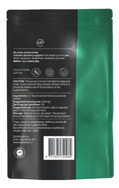 NMN Certificaten Achterkant van de verpakking NMN capsules 60x 250mg van Every Day Better met ingrediënten, dosering en KOAG-KAG conforme productinformatie