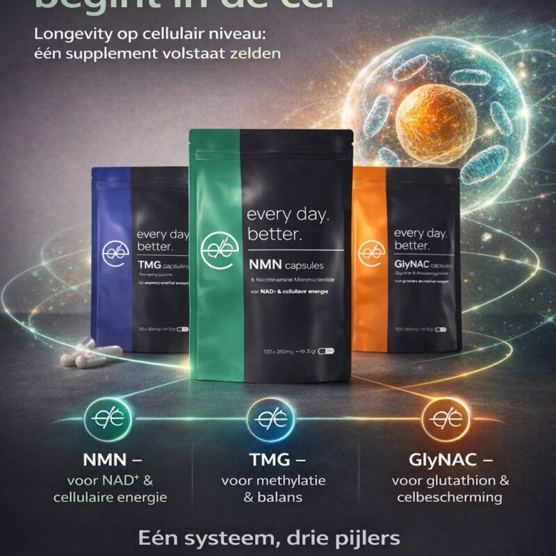 Longevity supplementen van Every Day Better met NMN, TMG en GlyNAC voor longevity op celniveau uitgelegd