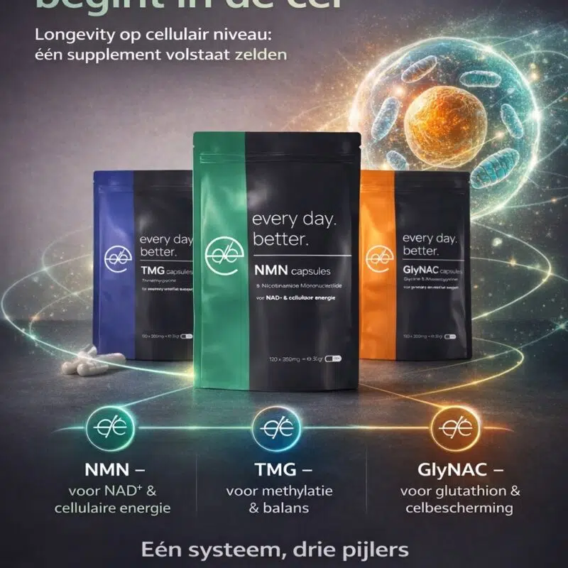 Longevity supplementen van Every Day Better met NMN, TMG en GlyNAC voor longevity op celniveau uitgelegd