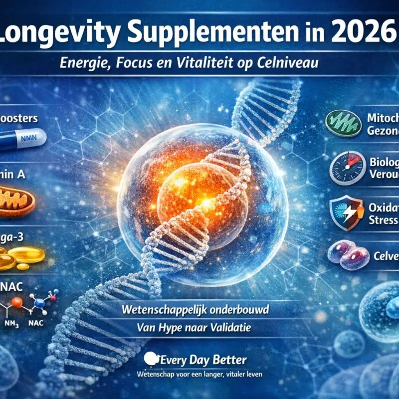 Longevity supplementen in 2026 voor energie, focus en vitaliteit op celniveau, met NAD+ boosters, urolithin A, omega-3 en mitochondriale gezondheid