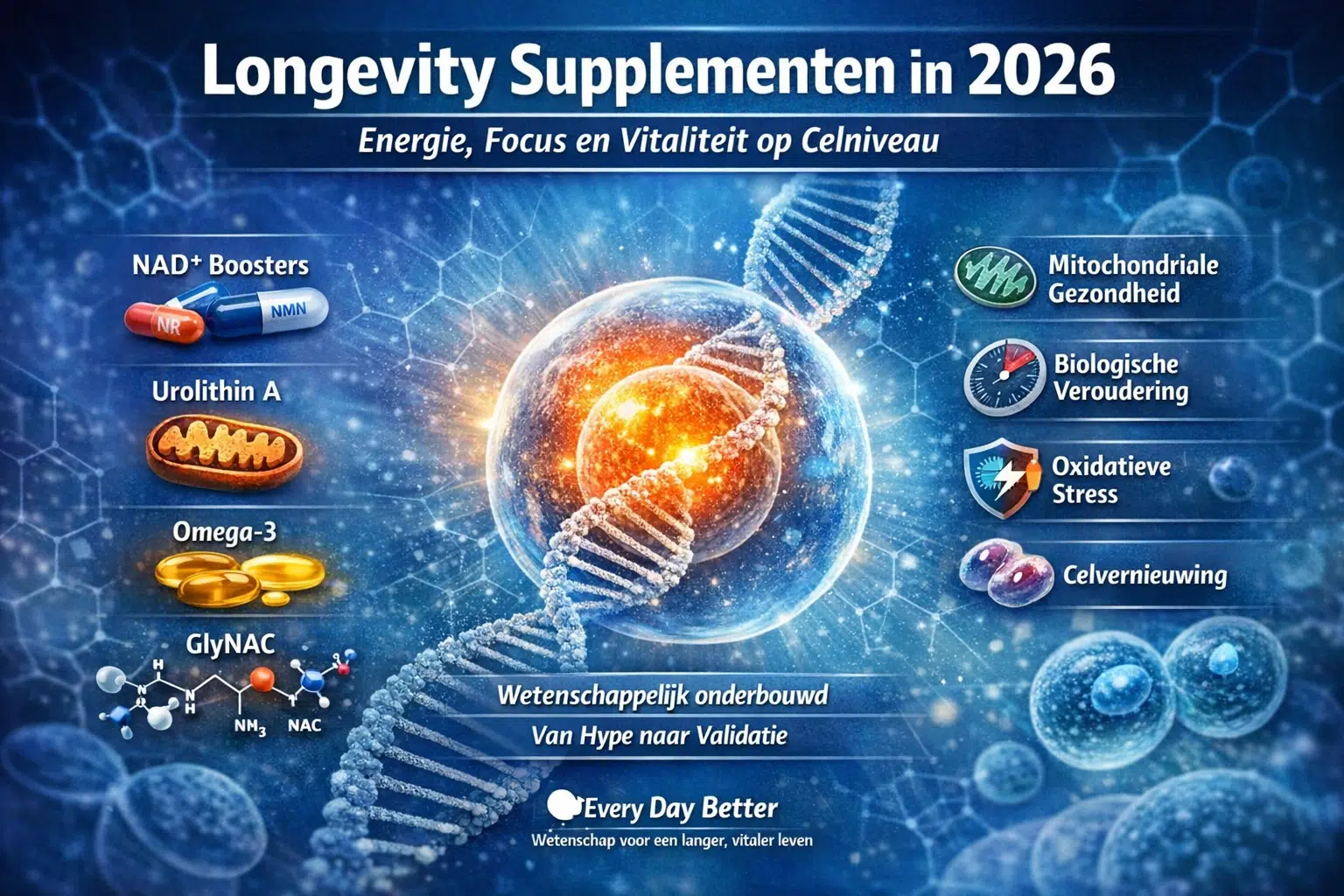 Longevity supplements in 2026 for energy, focus and vitality at the cellular level, with NAD+ boosters, urolithin A, omega-3 and mitochondrial health