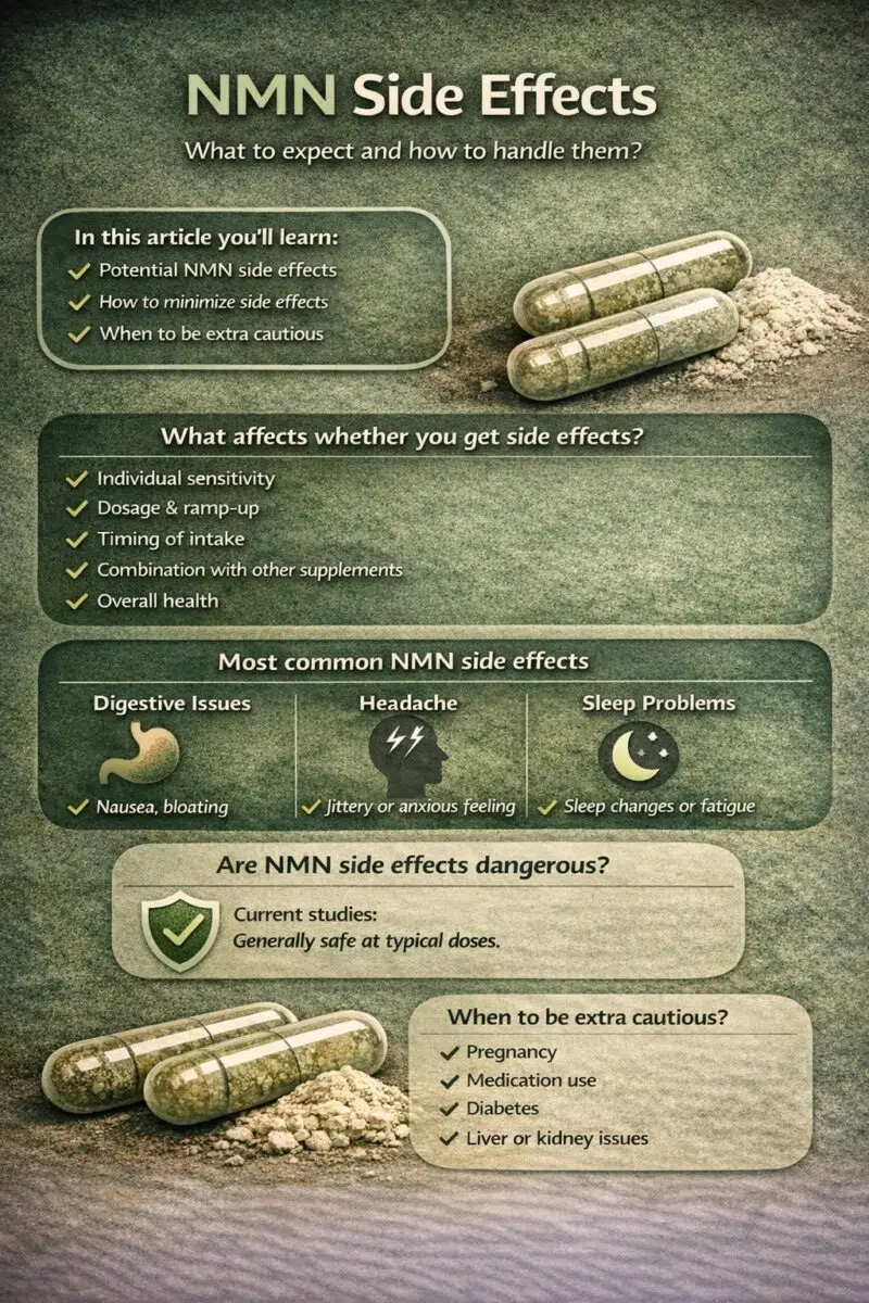 NMN side effects: what to expect and how to manage them? Infographic about NMN side effects with explanations of potential complaints, safety, factors influencing side effects, and when extra caution is required.
