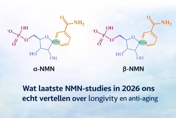 Featured image over de laatste NMN studies 2026 met de chemische structuur van alfa-NMN en bèta-NMN in relatie tot longevity en anti-aging