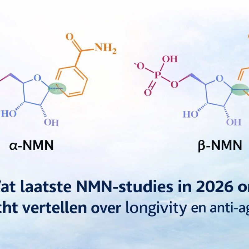 Featured image over de laatste NMN studies 2026 met de chemische structuur van alfa-NMN en bèta-NMN in relatie tot longevity en anti-aging