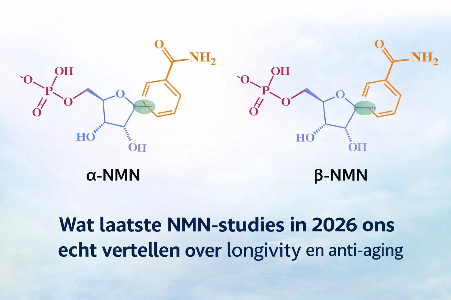 Featured image over de laatste NMN studies 2026 met de chemische structuur van alfa-NMN en bèta-NMN in relatie tot longevity en anti-aging