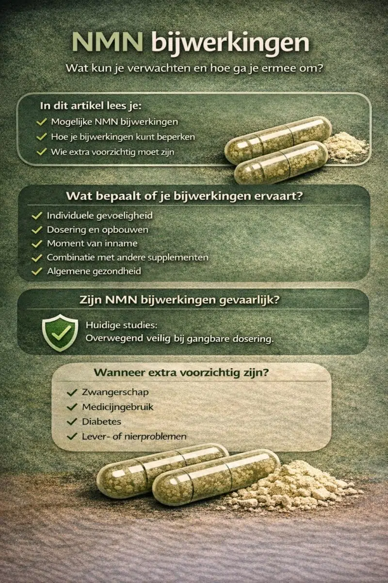 Infographic over NMN bijwerkingen met uitleg over mogelijke klachten, veiligheid, factoren die invloed hebben op bijwerkingen en wanneer extra voorzichtigheid nodig is.