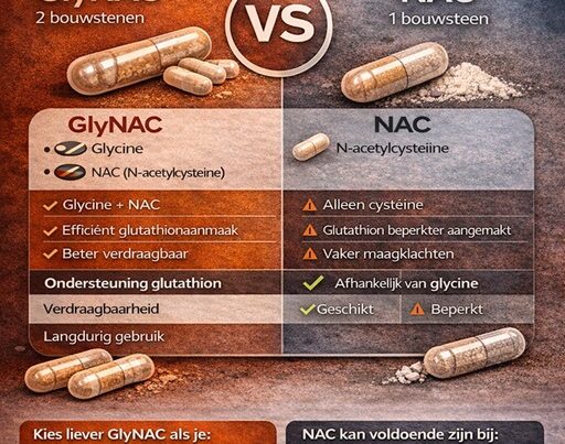 Infographic over het GlyNAC supplement met uitleg over glycine, NAC, glutathionproductie en de voordelen voor veroudering en oxidatieve stress