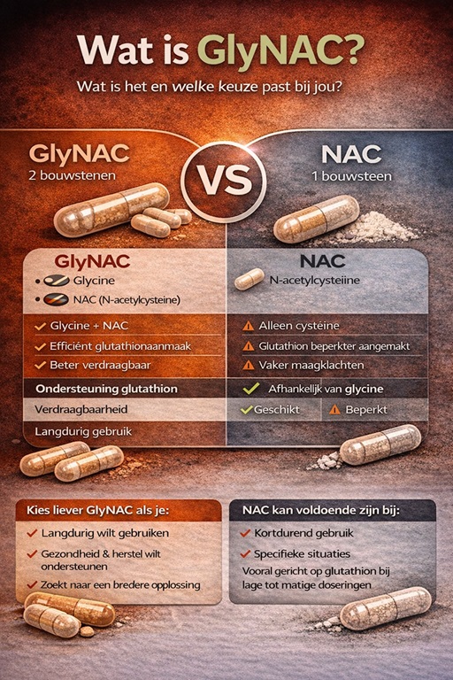 Infographic over het GlyNAC supplement met uitleg over glycine, NAC, glutathionproductie en de voordelen voor veroudering en oxidatieve stress