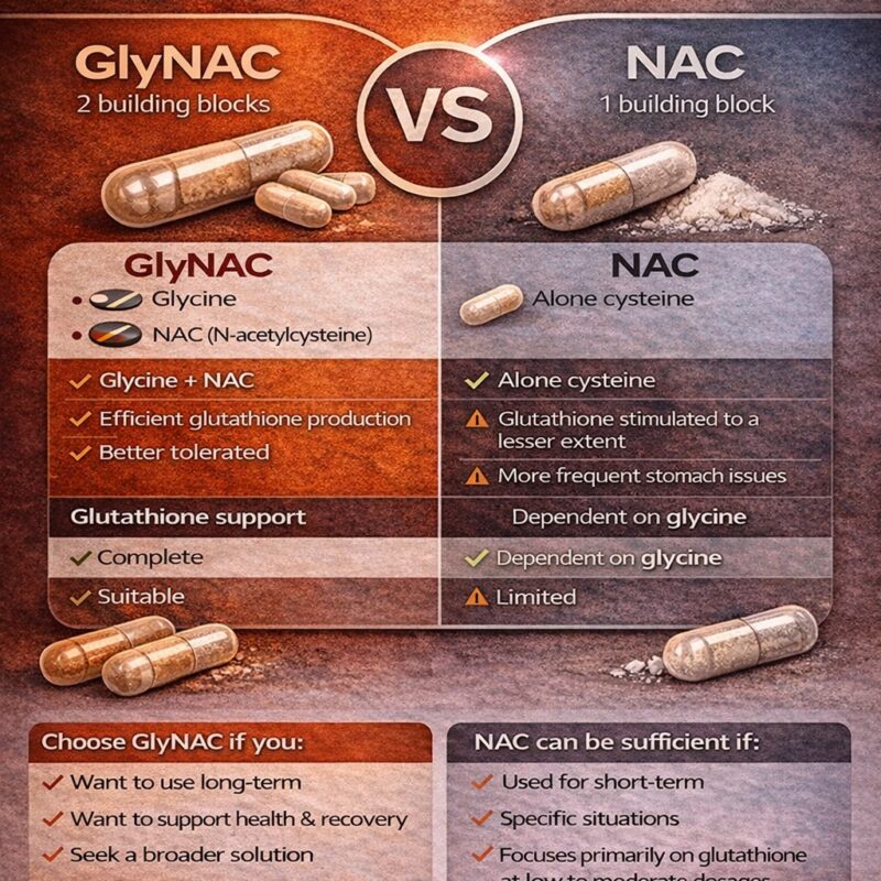 Infographic about the GlyNAC supplement with explanations of glycine, NAC, glutathione production, and the benefits for aging and oxidative stress