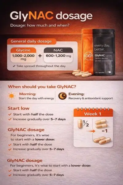 GlyNAC dosage GlyNAC dosage infographic with recommended daily amount of glycine and NAC and moments of intake