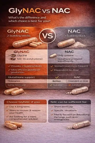 GlyNAC vs NAC Comparison between GlyNAC and NAC with the main differences in composition and function