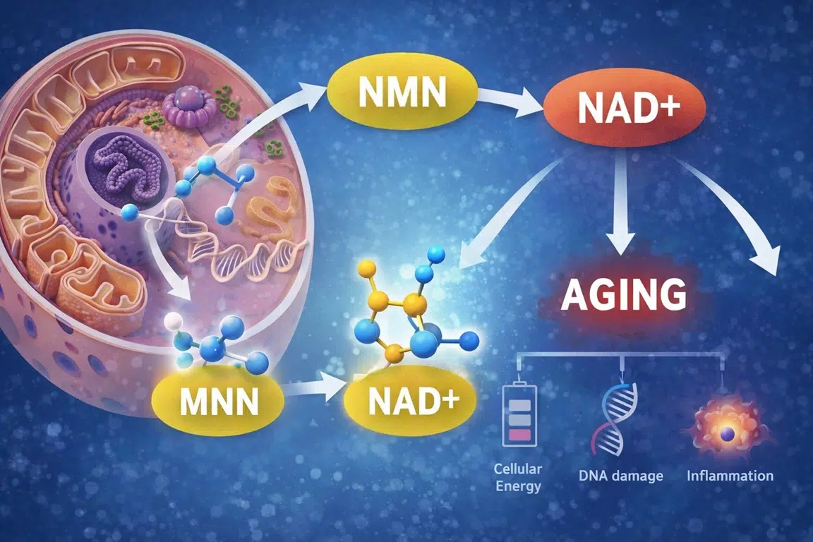 NMN and NAD+ function in the body explained with cell structure, energy production, and aging process