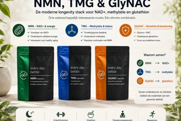 Longevity stack met NMN, TMG en GlyNAC supplementen voor NAD+, methylatie en glutathion
