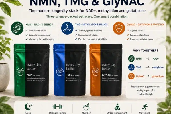Longevity stack with NMN, TMG, and GlyNAC supplements for NAD+, methylation, and glutathione