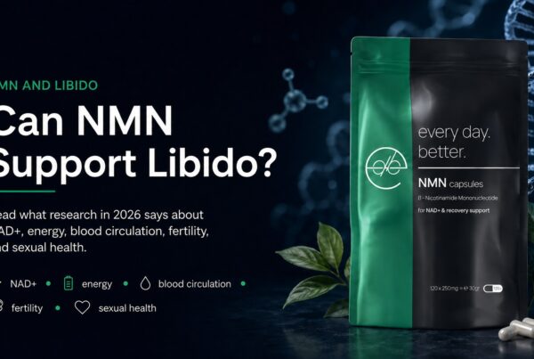 Illustration about NMN and libido with Every Day Better NMN capsules, focusing on NAD+, energy, blood circulation, fertility, and sexual health.