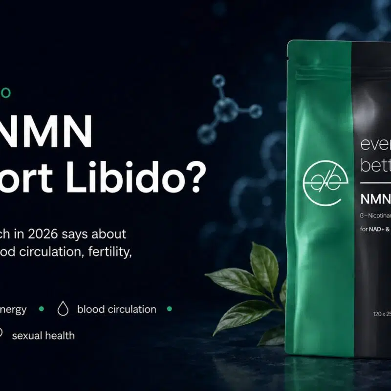 Illustration about NMN and libido with Every Day Better NMN capsules, focusing on NAD+, energy, blood circulation, fertility, and sexual health.
