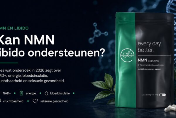 Illustratie over NMN en libido met Every Day Better NMN capsules, gericht op NAD+, energie, bloedcirculatie, vruchtbaarheid en seksuele gezondheid.