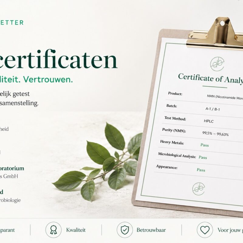NMN certificaten van Every Day Better met HPLC-testen, zuiverheid en veiligheidscontroles