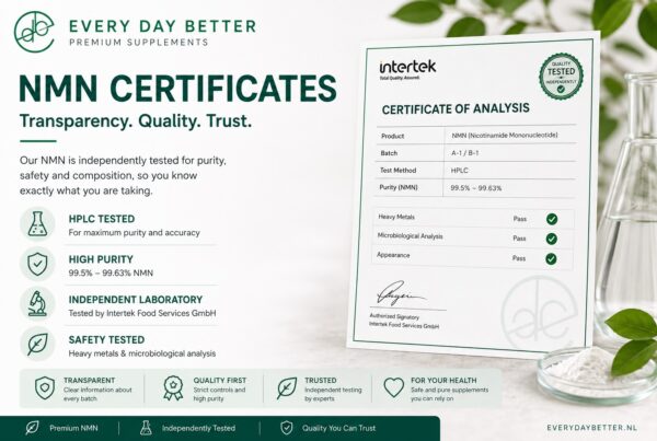 NMN certificates from Every Day Better with HPLC testing, purity, and safety checks